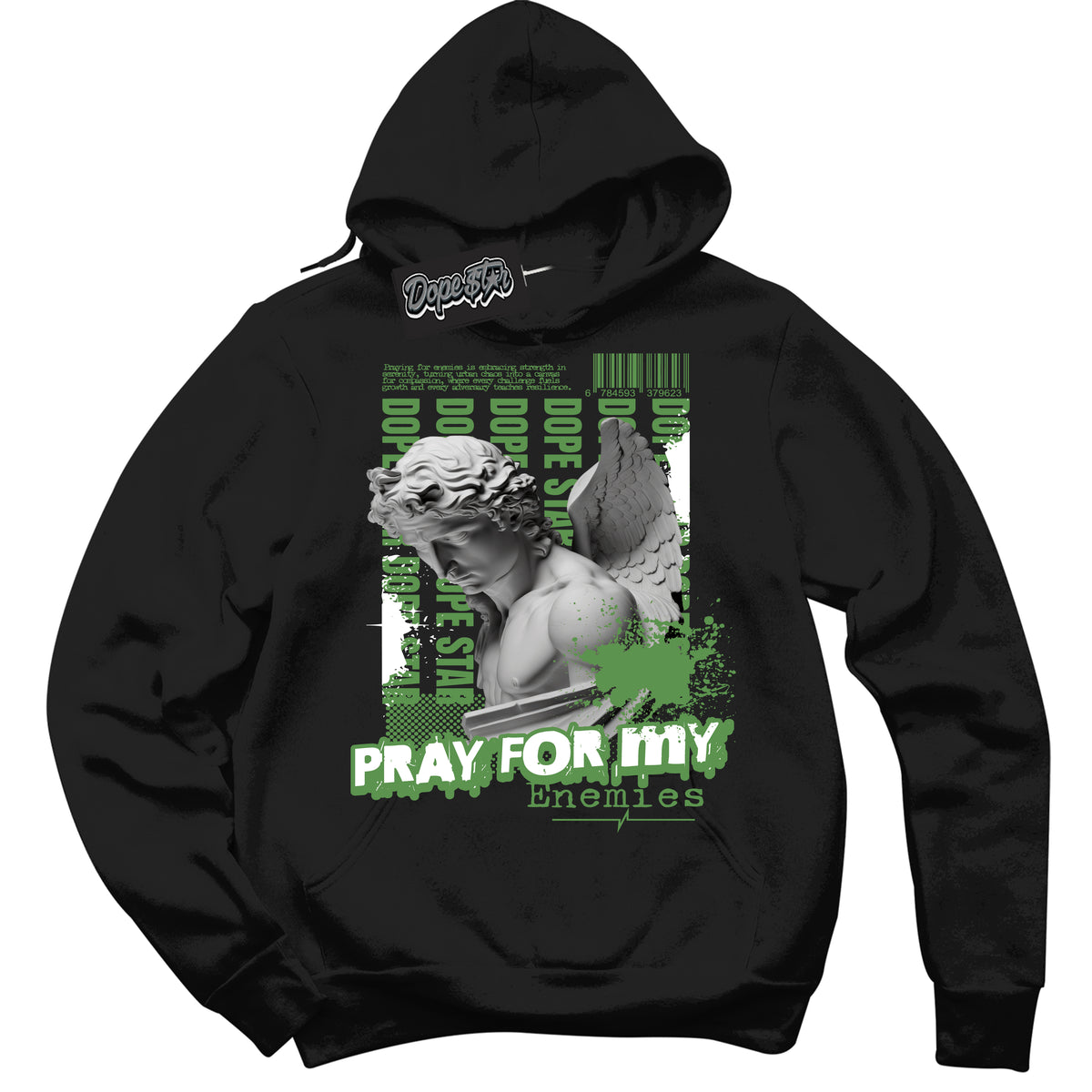 Cool Black Hoodie with “ Pray Enemies ”  design that Perfectly Matches Chlorophyll 1s Sneakers.