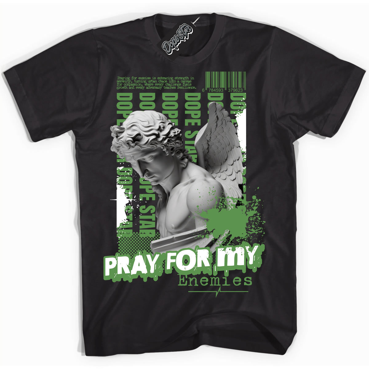 Cool Black Shirt with “ Pray Enemies” design that perfectly matches Chlorophyll 1s Sneakers.