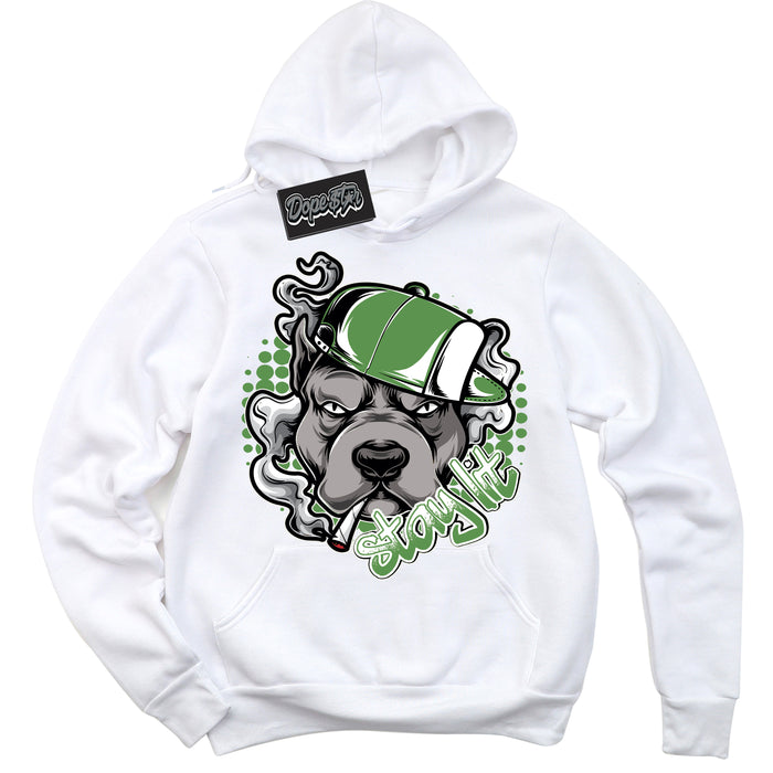 Cool White Hoodie with “ Stay Lit ”  design that Perfectly Matches Chlorophyll 1s Jordans.
