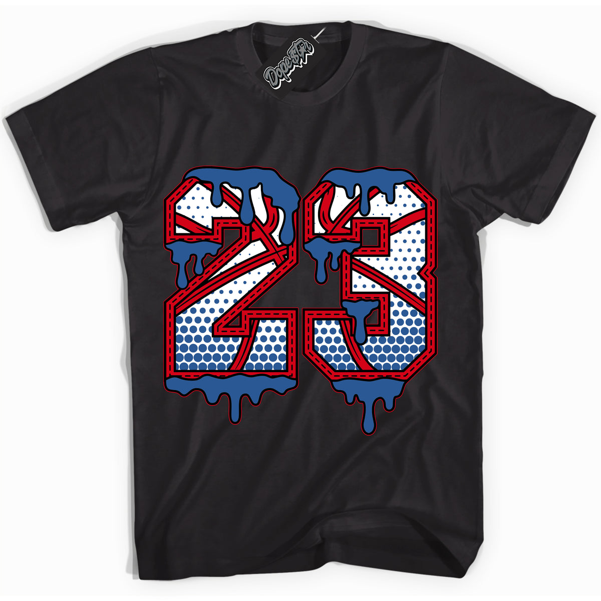 Cool Black Shirt with “ 23 Ball” design that perfectly matches Industrial Blue Sashiko 1s Sneakers.
