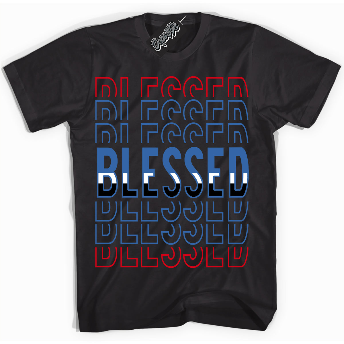 Cool Black Shirt with “ Blessed Stacked” design that perfectly matches Industrial Blue Sashiko 1s Sneakers.
