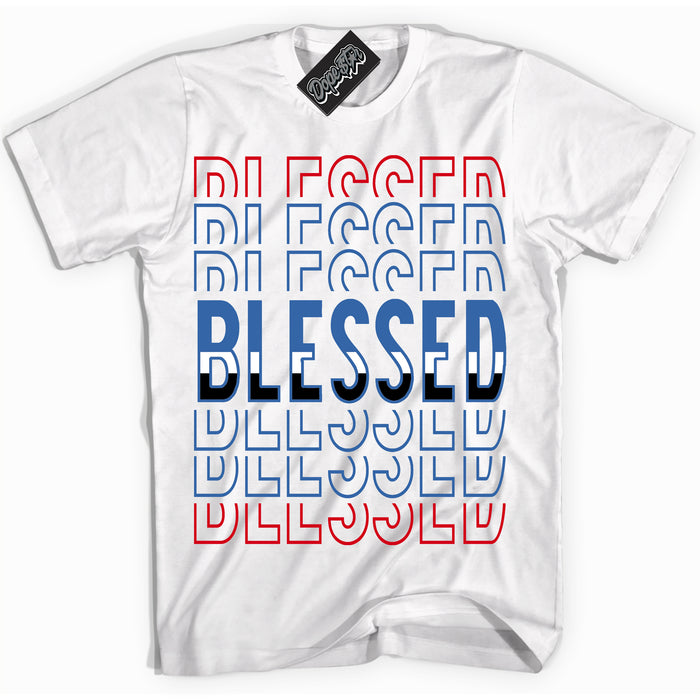 Cool White Shirt with “ Blessed Stacked” design that perfectly matches Industrial Blue Sashiko 1s Sneakers.
