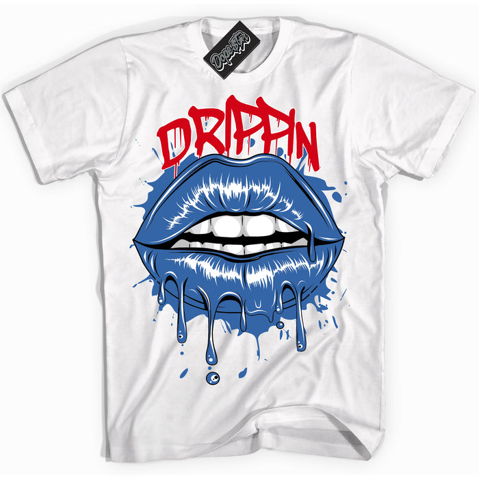 Cool White Shirt with “ Drippin” design that perfectly matches Industrial Blue Sashiko 1s Sneakers.