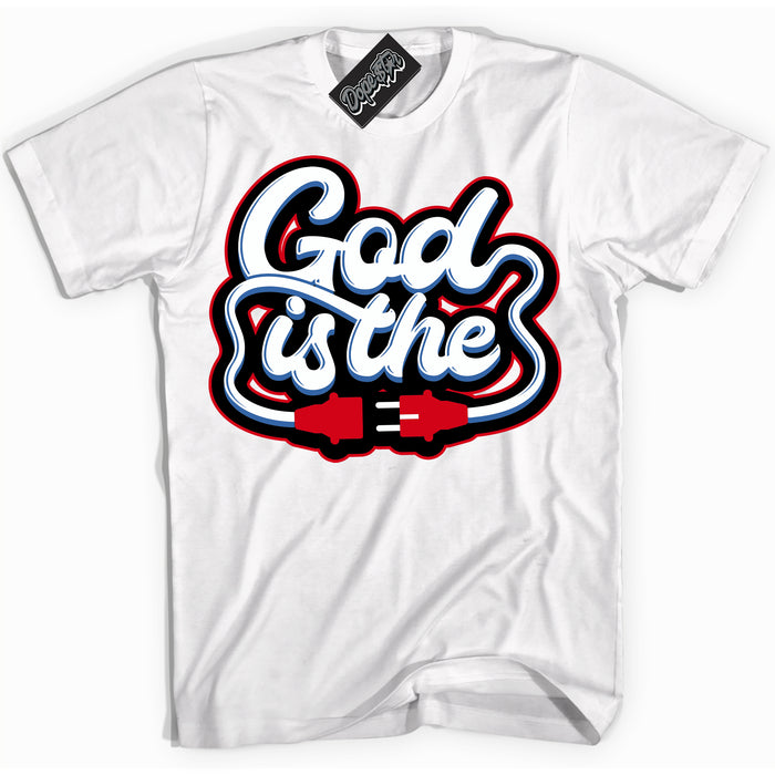 Cool White Shirt with “ God Is The” design that perfectly matches Industrial Blue Sashiko 1s Sneakers.
