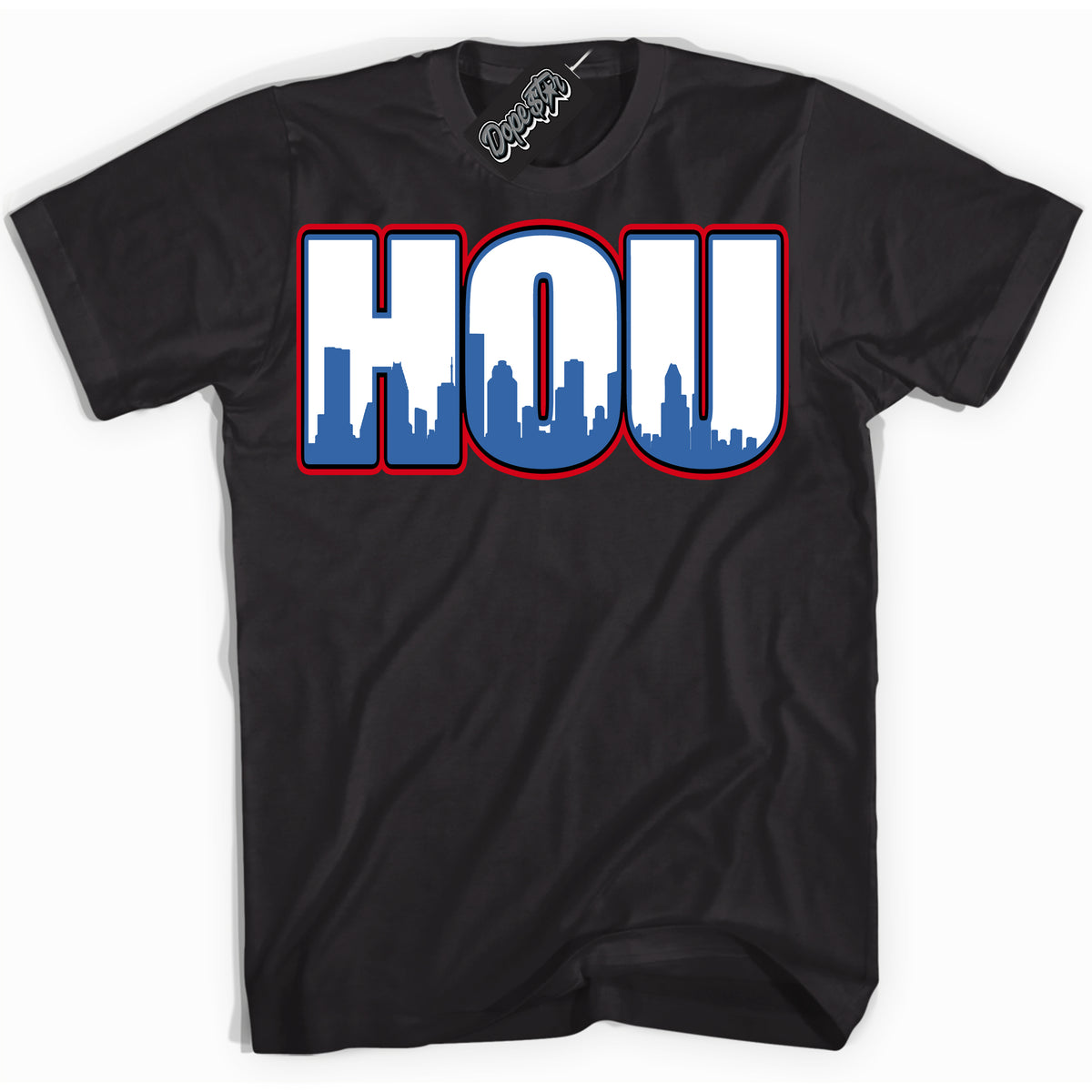 Cool Black Shirt with “ Houston ” design that perfectly matches Industrial Blue Sashiko 1s Sneakers.
