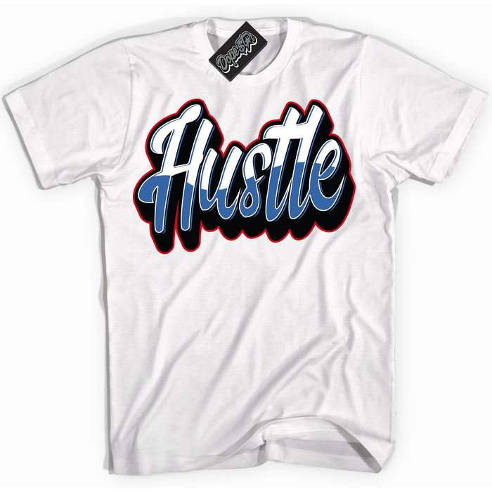 Cool White Shirt with “ Hustle” design that perfectly matches Industrial Blue Sashiko 1s Sneakers.
