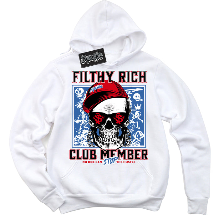 Cool White Hoodie with “ Filthy Rich ”  design that Perfectly Matches Industrial Blue Sashiko 1s Sneakers.