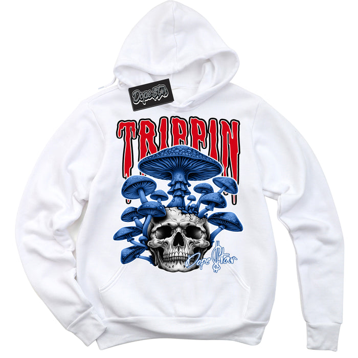 Cool White Hoodie with “Trippin” design that Perfectly Matches Industrial Blue Sashiko 1s Sneakers.