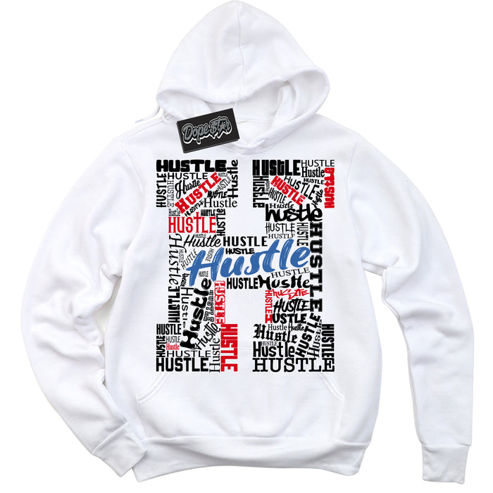 Cool White Hoodie with “ Hustle H ”  design that Perfectly Matches Industrial Blue Sashiko 1s Sneakers.
