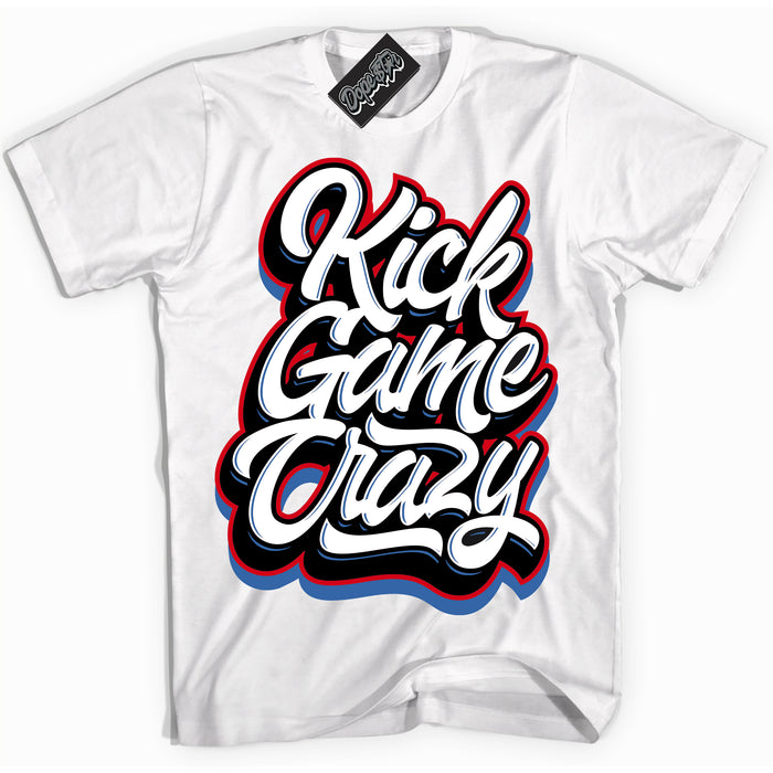 Cool White Shirt with “ Kick Game Crazy” design that perfectly matches Industrial Blue Sashiko 1s Sneakers.
