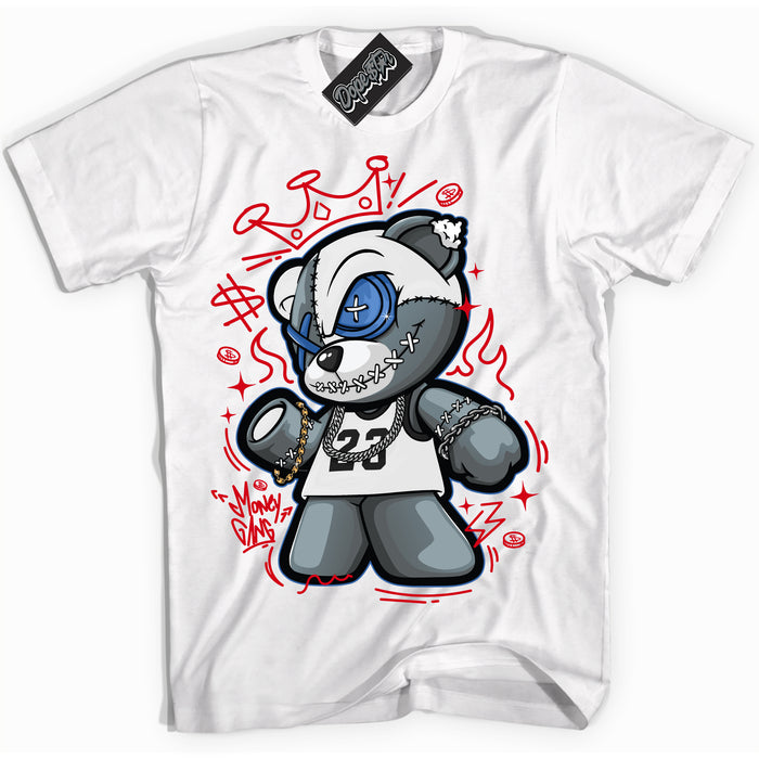 Cool White Shirt with “ Money Gang Bear” design that perfectly matches Industrial Blue Sashiko 1s Sneakers.

