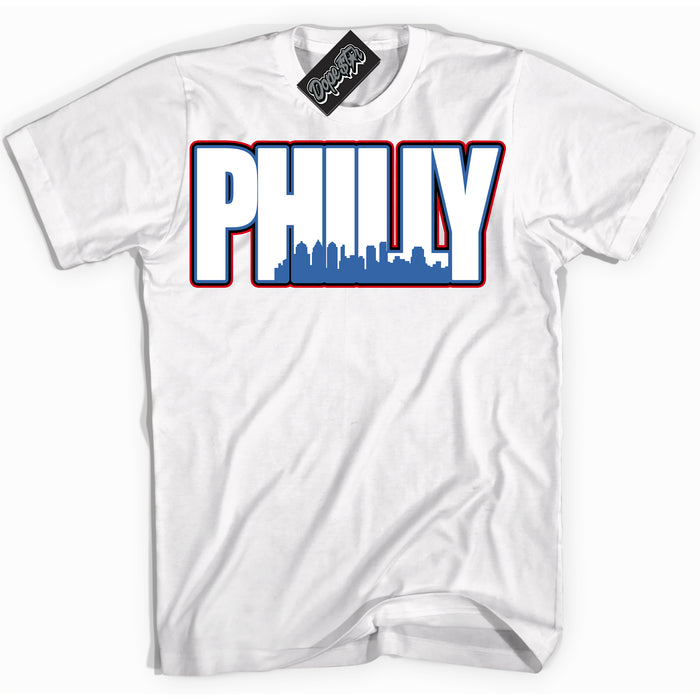 Cool White Shirt with “ Philly” design that perfectly matches Industrial Blue Sashiko 1s Sneakers.

