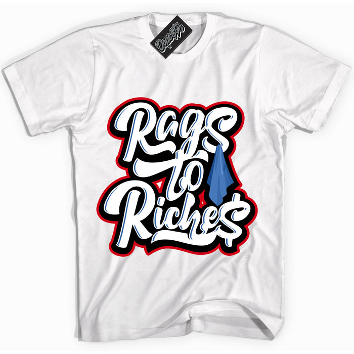 Cool White Shirt with “ Rags To Riches” design that perfectly matches Industrial Blue Sashiko 1s Sneakers.
