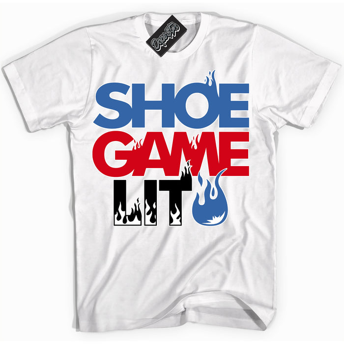 Cool White Shirt with “ Shoe Game Lit” design that perfectly matches Industrial Blue Sashiko 1s Sneakers.