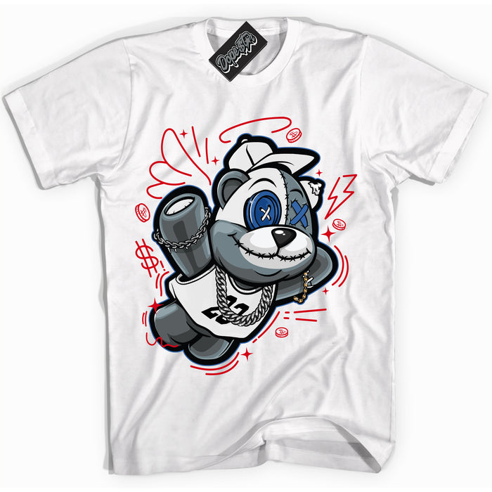 Cool White Shirt with “ Slam Dunk Bear ” design that perfectly matches Industrial Blue Sashiko 1s Sneakers.
