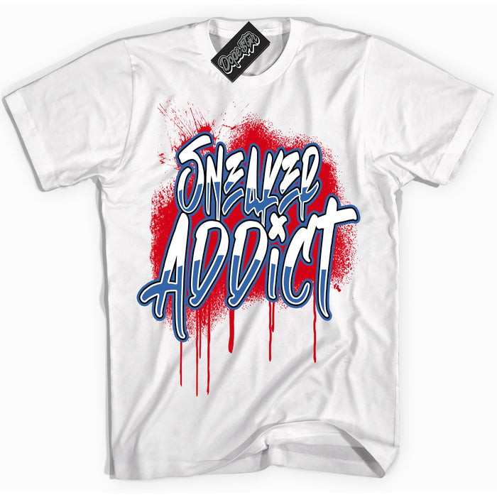 Cool White Shirt with “ Sneaker Addict” design that perfectly matches Industrial Blue Sashiko 1s Sneakers.
