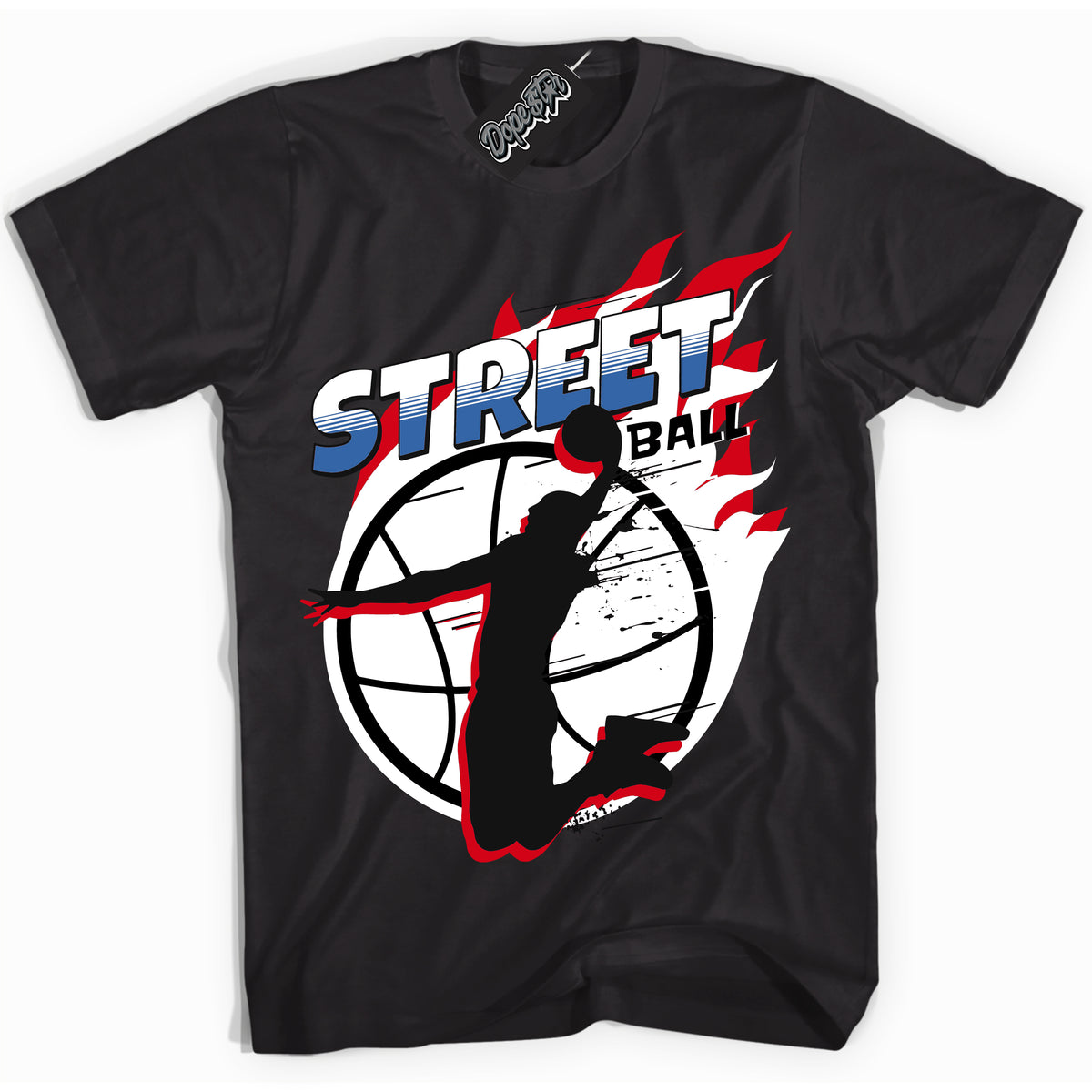 Cool Black Shirt with “ Street Ball” design that perfectly matches Industrial Blue Sashiko 1s Sneakers.
