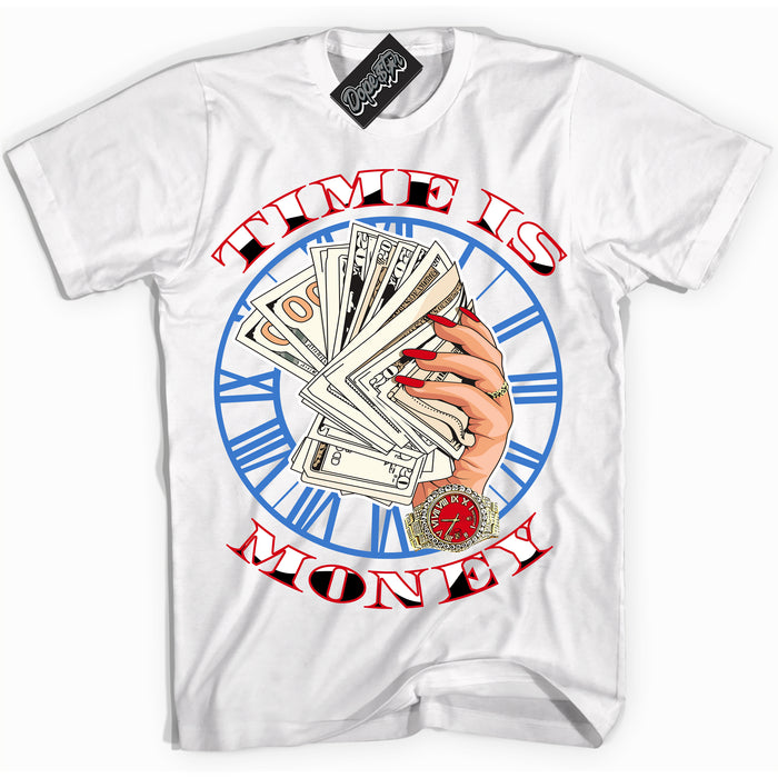 Cool White Shirt with “ Time Is Money” design that perfectly matches Industrial Blue Sashiko 1s Sneakers.