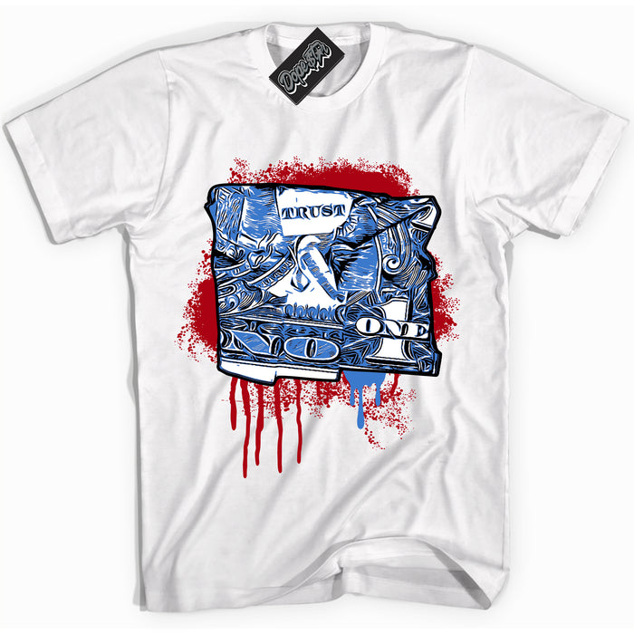 Cool White Shirt with “ Trust No One Dollar” design that perfectly matches Industrial Blue Sashiko 1s Sneakers.
