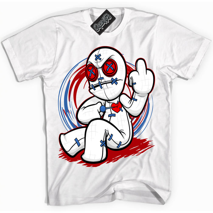 Cool White Shirt with “ Voodoo Doll ” design that perfectly matches Industrial Blue Sashiko 1s Sneakers.

