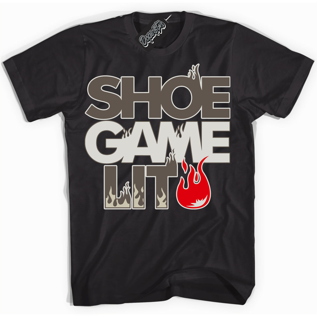 Cool Black Shirt with “ Shoe Game Lit ” design that perfectly matches Reverse Mocha 1s Sneakers.