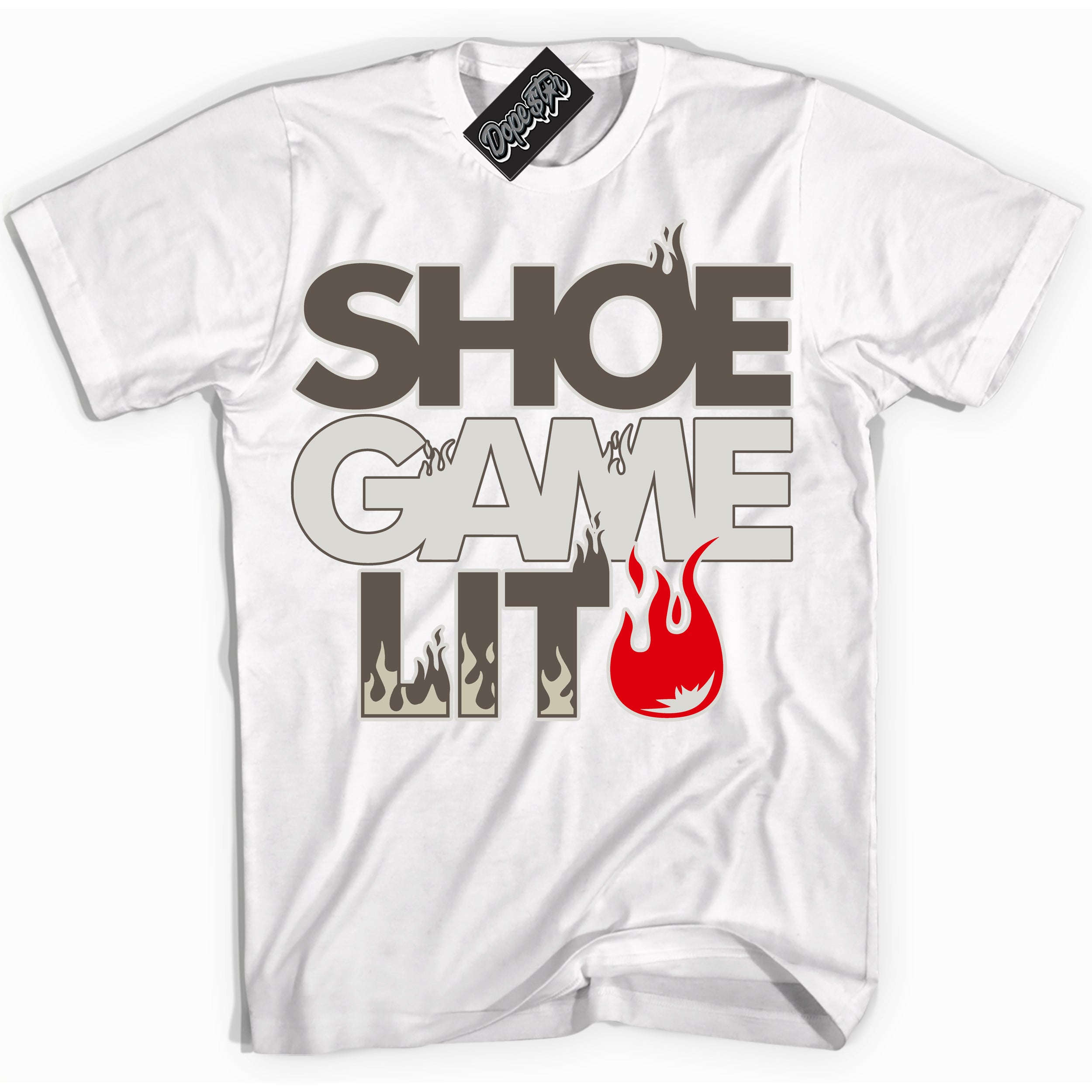 Cool White Shirt with “ Shoe Game Lit ” design that perfectly matches Reverse Mocha 1s Sneakers.