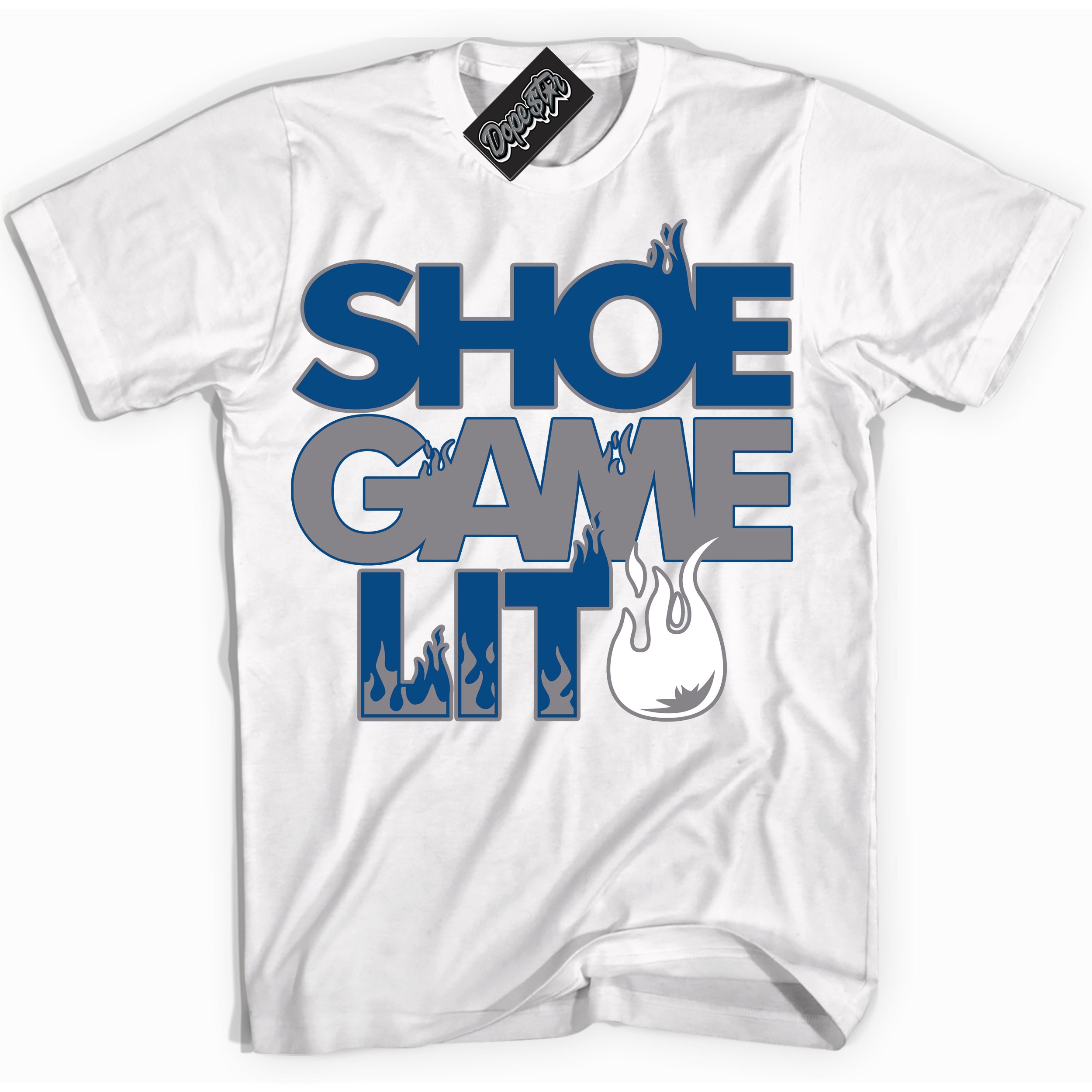 Cool White Shirt with “ Shoe Game Lit ” design that perfectly matches Low True Blue 1s Sneakers.