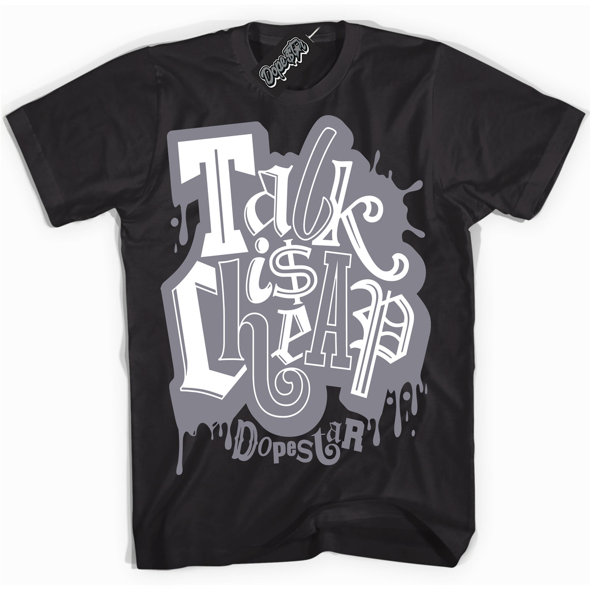 Cool Black Shirt with “ Talk Is Cheap” design that perfectly matches Vintage Stealth Grey 1s Sneakers.