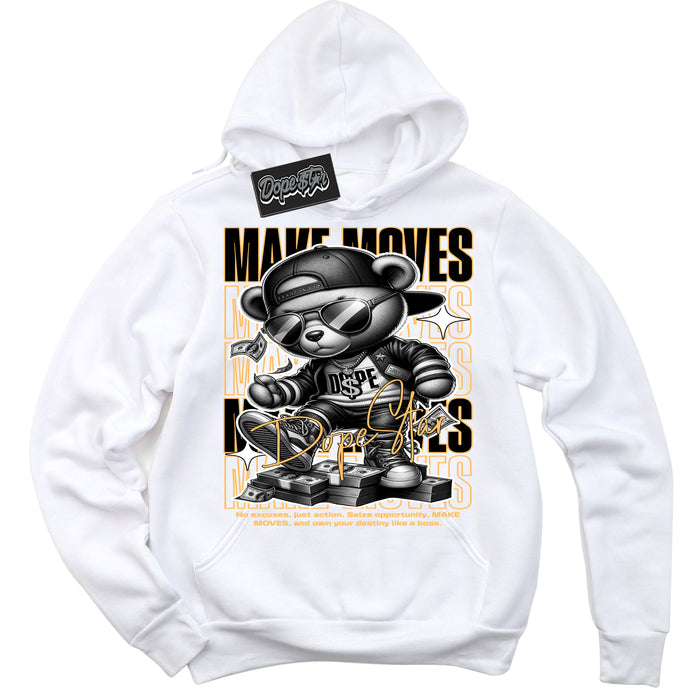 Cool White Hoodie with “ Makin Moves ”  design that Perfectly Matches Yellow Ochre 1s Sneakers.