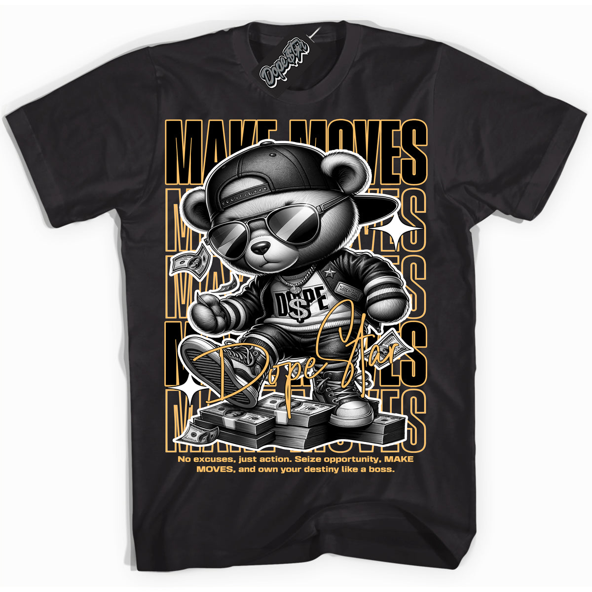 Cool Black Shirt with “ Makin Moves” design that perfectly matches Yellow Ochre 1s Sneakers.