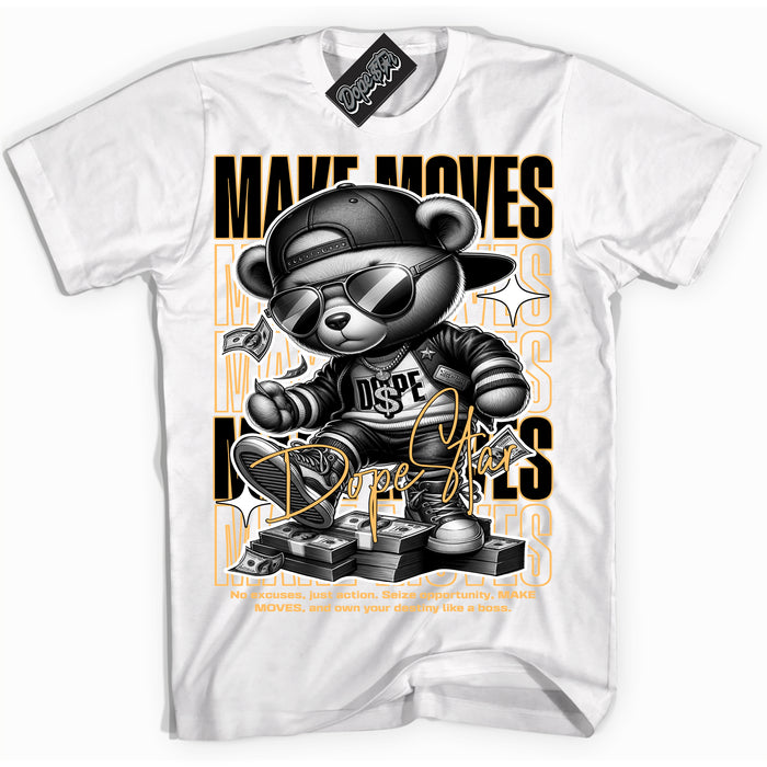 Cool White Shirt with “ Makin Moves” design that perfectly matches Yellow Ochre 1s Sneakers.