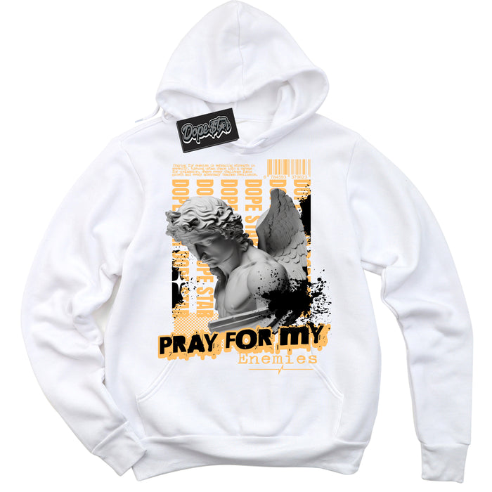 Cool White Hoodie with “ Pray Enemies ”  design that Perfectly Matches Yellow Ochre 1s Sneakers.