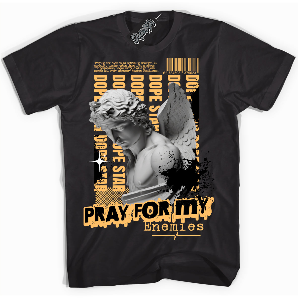 Cool Black Shirt with “ Pray Enemies” design that perfectly matches Yellow Ochre 1s Sneakers.