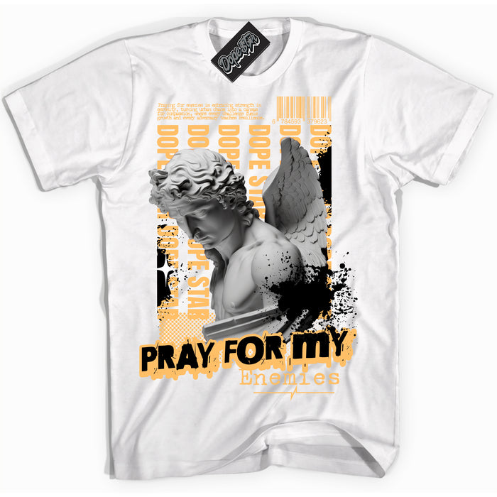 Cool White Shirt with “ Pray Enemies” design that perfectly matches Yellow Ochre 1s Sneakers.