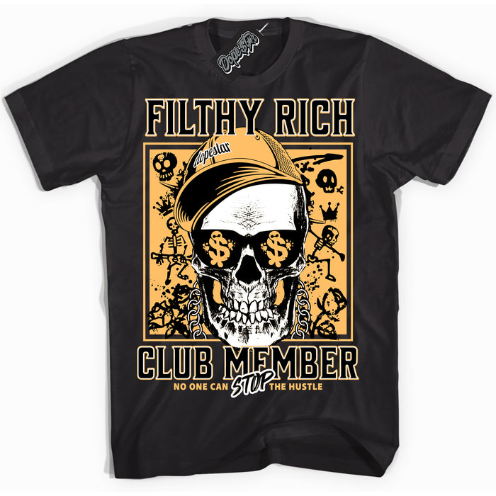 Cool Black Shirt with “ Filthy Rich” design that perfectly matches Yellow Ochre 1s Sneakers.