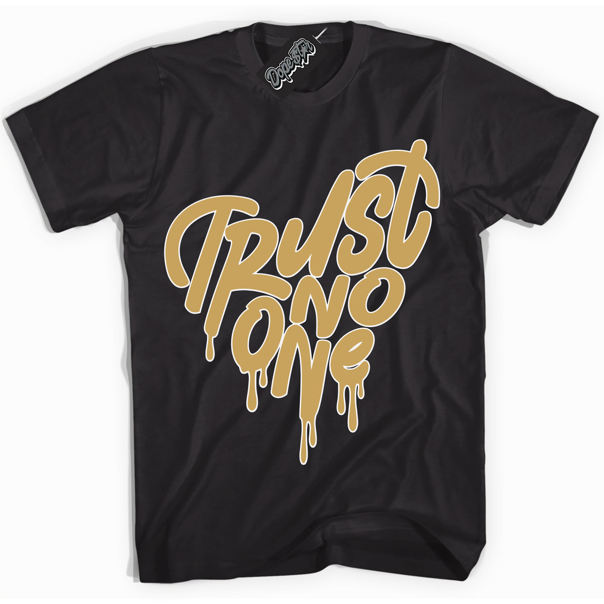 Cool Black Shirt with “ Trust No One Heart ” design that perfectly matches Method of Make Sail Metallic Gold 1s Jordans.