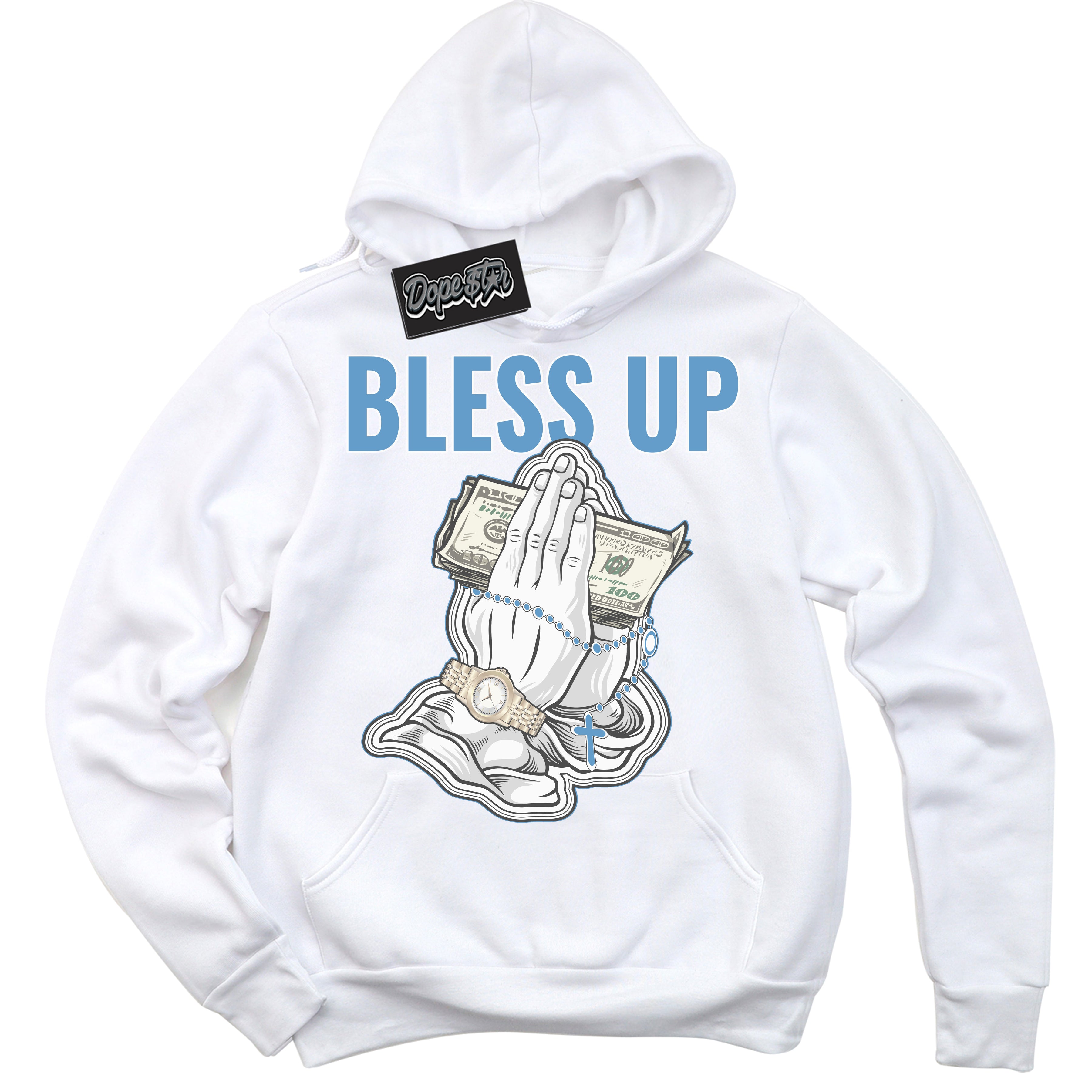 AJ1 Mid Legend Blue ‘Bless Up’ – White Streetwear Hoodie | Sneaker Matching sweatshirt for AJ1 Mid Legend Blue | Men's and Women's Streetwear Graphic Hoodie by Sneaker Shirts Outlet.
