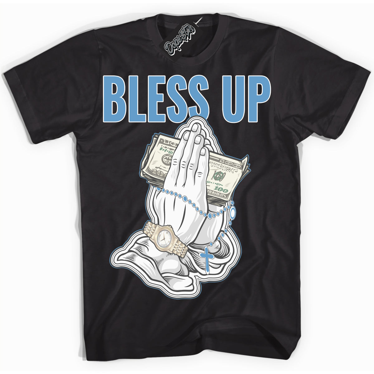AJ1 Mid Legend Blue ‘Bless Up’ – Black Streetwear T-Shirt | Sneaker Matching shirt for AJ1 Mid Legend Blue | Men's and Women's Streetwear Graphic Tee by Sneaker Shirts Outlet.
