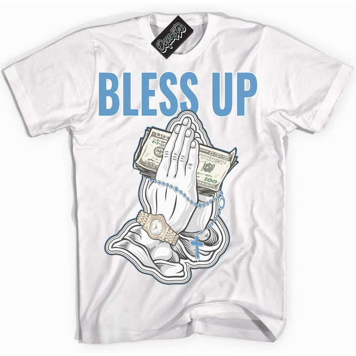 AJ1 Mid Legend Blue ‘Bless Up’ – White Streetwear T-Shirt | Sneaker Matching shirt for AJ1 Mid Legend Blue | Men's and Women's Streetwear Graphic Tee by Sneaker Shirts Outlet.
