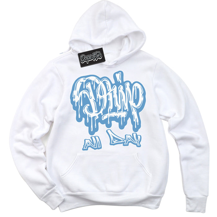 AJ1 Mid Legend Blue ‘Drip All Day’ – White Streetwear Hoodie | Sneaker Matching sweatshirt for AJ1 Mid Legend Blue | Men's and Women's Streetwear Graphic Hoodie by Sneaker Shirts Outlet.
