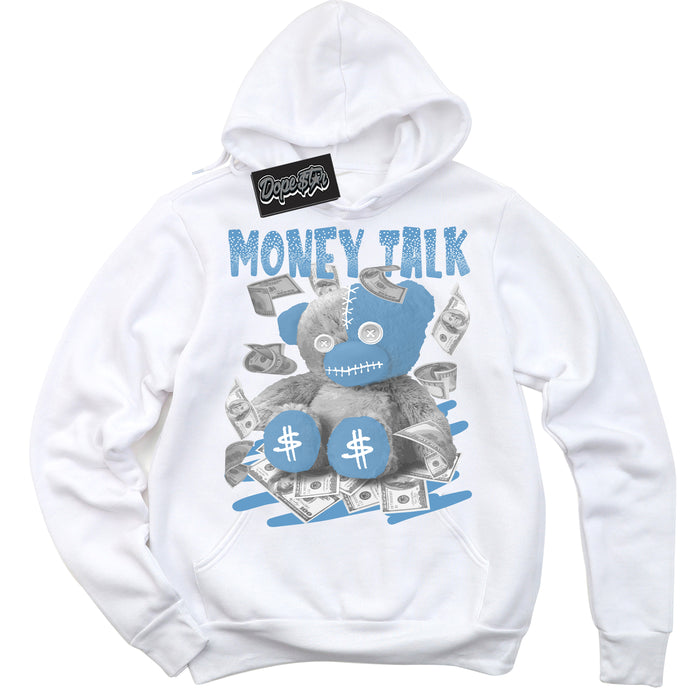 AJ1 Mid Legend Blue ‘Money Talk Bear’ – White Streetwear Hoodie | Sneaker Matching sweatshirt for AJ1 Mid Legend Blue | Men's and Women's Streetwear Graphic Hoodie by Sneaker Shirts Outlet.
