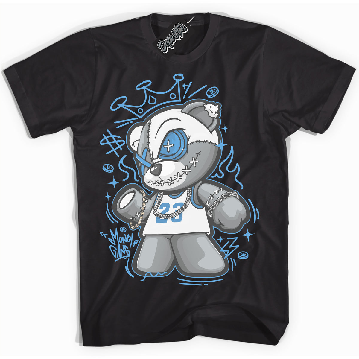 AJ1 Mid Legend Blue ‘Money Gang Bear’ – Black Streetwear T-Shirt | Sneaker Matching shirt for AJ1 Mid Legend Blue | Men's and Women's Streetwear Graphic Tee by Sneaker Shirts Outlet.
