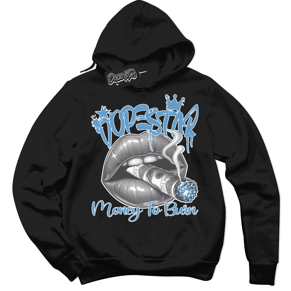AJ1 Mid Legend Blue ‘Money To Burn’ – Black Streetwear Hoodie | Sneaker Matching sweatshirt for AJ1 Mid Legend Blue | Men's and Women's Streetwear Graphic Hoodie by Sneaker Shirts Outlet.
