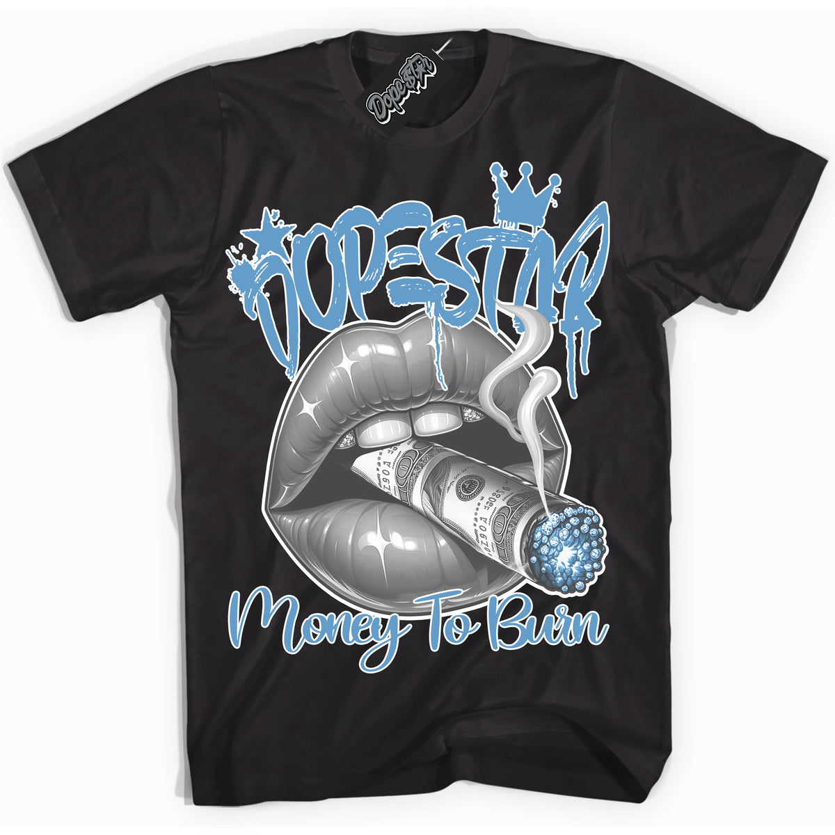 AJ1 Mid Legend Blue ‘Money To Burn’ – Black Streetwear T-Shirt | Sneaker Matching shirt for AJ1 Mid Legend Blue | Men's and Women's Streetwear Graphic Tee by Sneaker Shirts Outlet.
