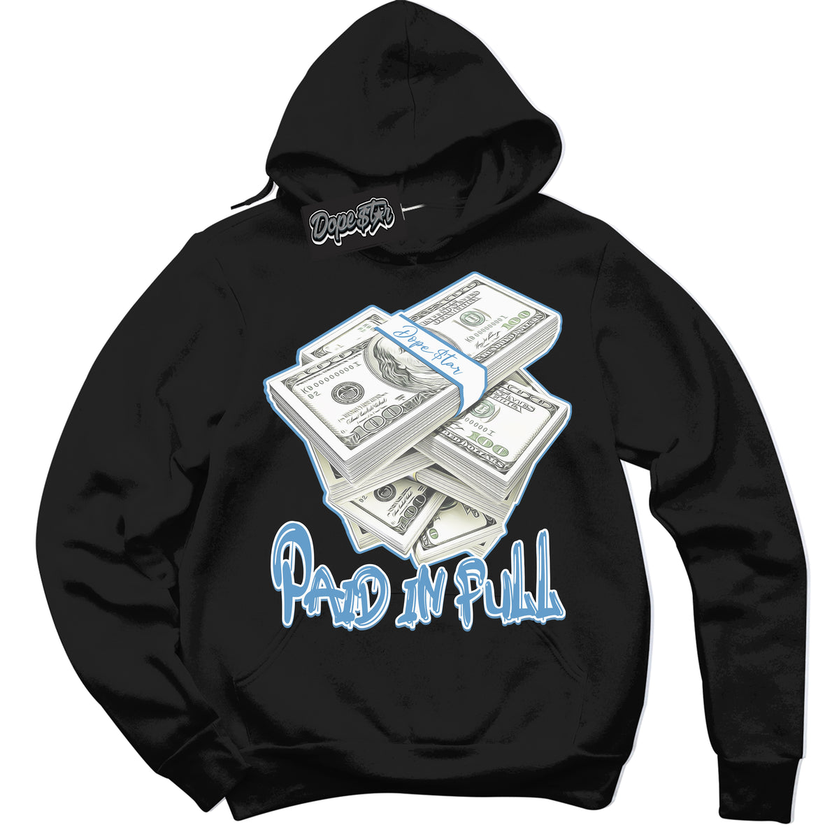 AJ1 Mid Legend Blue ‘Paid In Full’ – Black Streetwear Hoodie | Sneaker Matching sweatshirt for AJ1 Mid Legend Blue | Men's and Women's Streetwear Graphic Hoodie by Sneaker Shirts Outlet.
