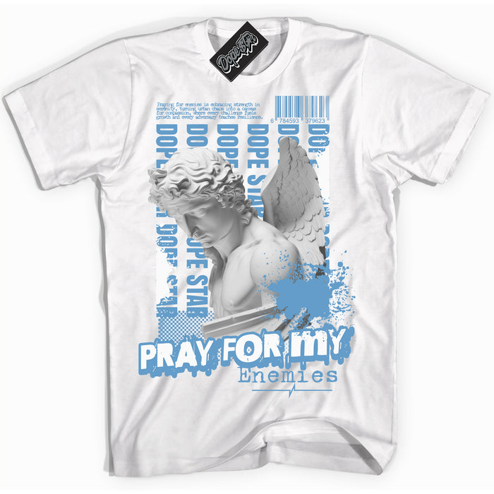 AJ1 Mid Legend Blue ‘Pray Enemies’ – White Streetwear T-Shirt | Sneaker Matching shirt for AJ1 Mid Legend Blue | Men's and Women's Streetwear Graphic Tee by Sneaker Shirts Outlet.
