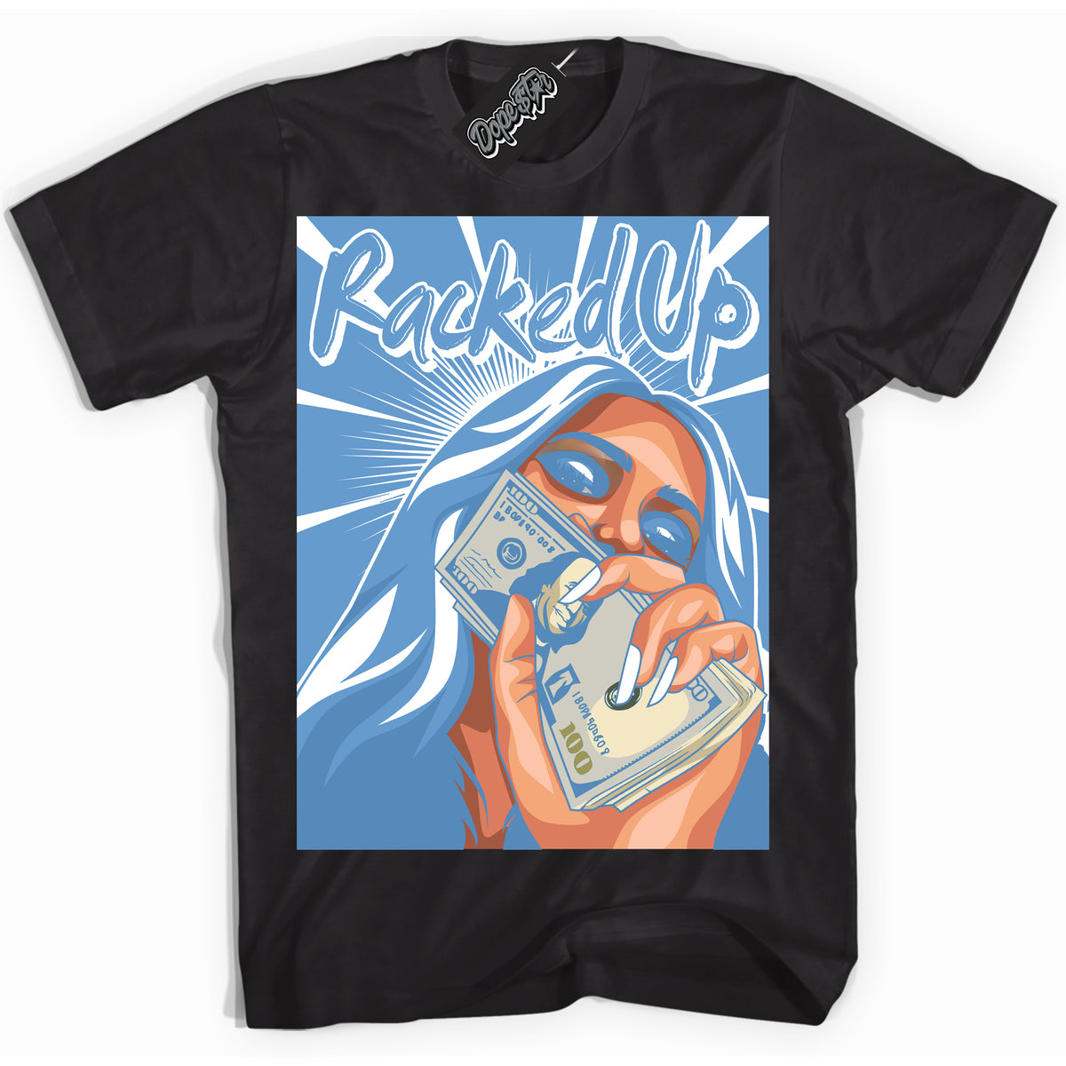 AJ1 Mid Legend Blue ‘Racked Up’ – Black Streetwear T-Shirt | Sneaker Matching shirt for AJ1 Mid Legend Blue | Men's and Women's Streetwear Graphic Tee by Sneaker Shirts Outlet.
