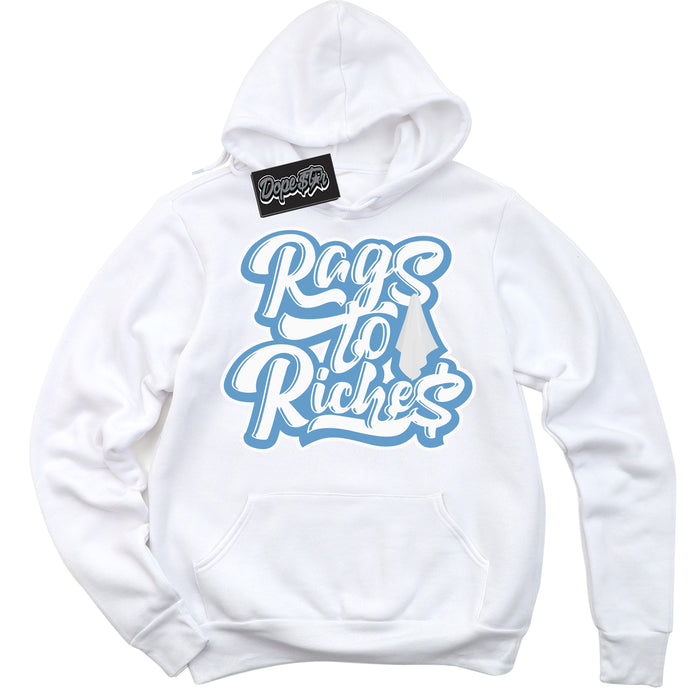 AJ1 Mid Legend Blue ‘Rags To Riches’ – White Streetwear Hoodie | Sneaker Matching sweatshirt for AJ1 Mid Legend Blue | Men's and Women's Streetwear Graphic Hoodie by Sneaker Shirts Outlet.
