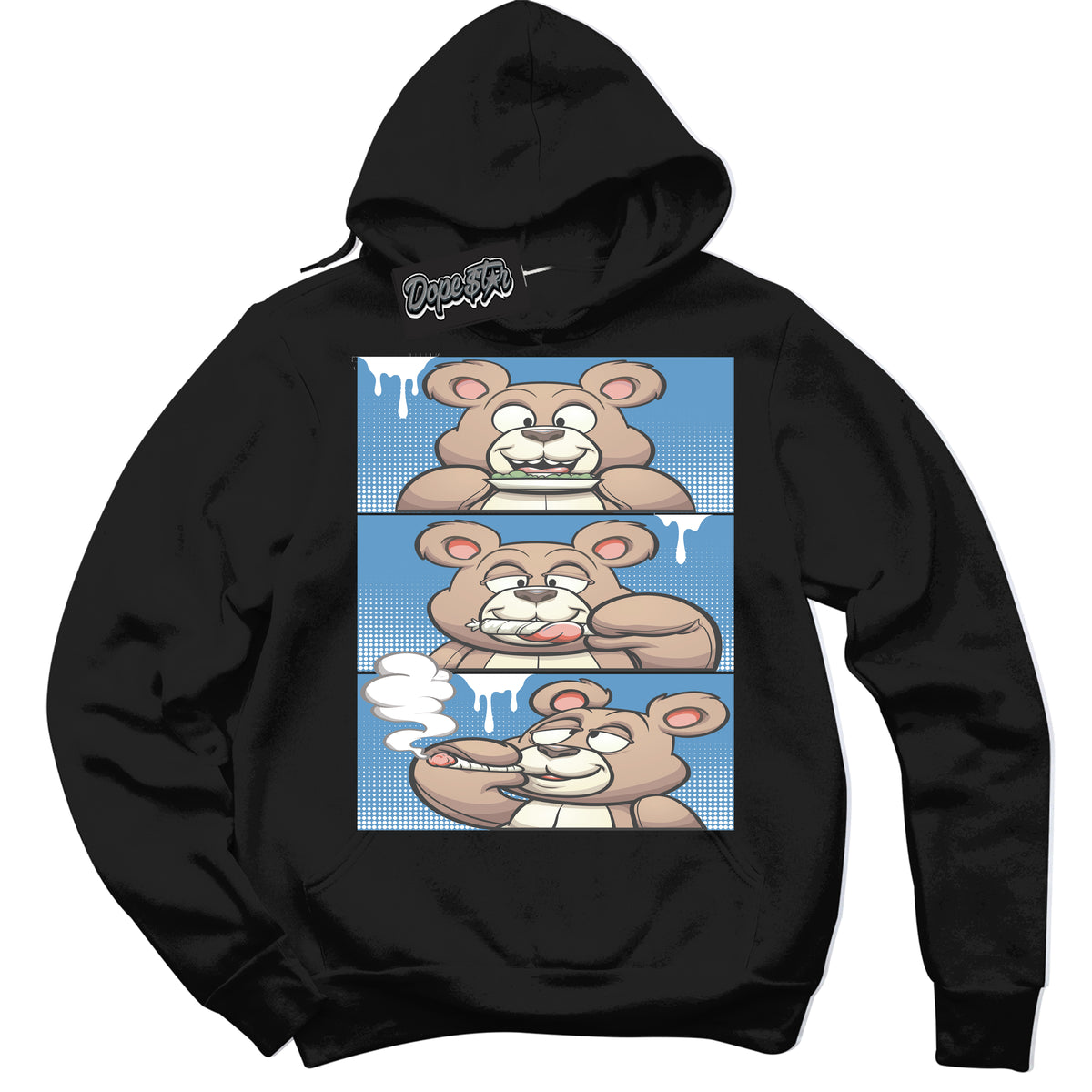 AJ1 Mid Legend Blue ‘Roll It Lick It Smoke It Bear’ – Black Streetwear Hoodie | Sneaker Matching sweatshirt for AJ1 Mid Legend Blue | Men's and Women's Streetwear Graphic Hoodie by Sneaker Shirts Outlet.
