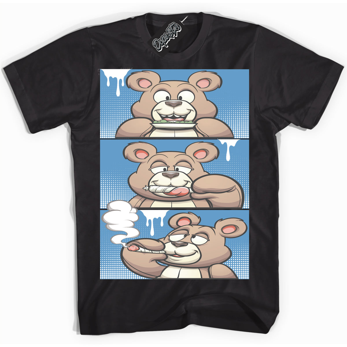 AJ1 Mid Legend Blue ‘Roll It Lick It Smoke It Bear’ – Black Streetwear T-Shirt | Sneaker Matching shirt for AJ1 Mid Legend Blue | Men's and Women's Streetwear Graphic Tee by Sneaker Shirts Outlet.
